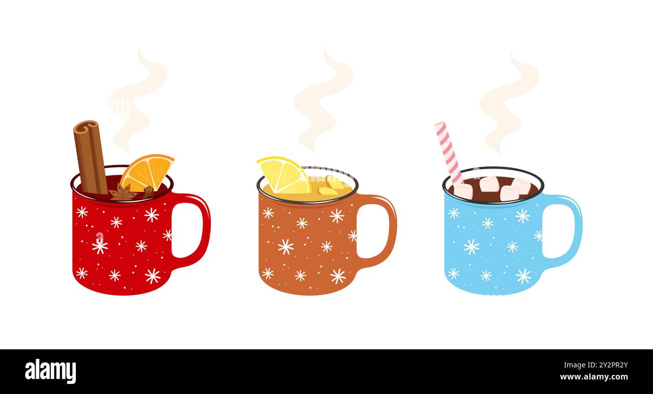 Warmes Wintergetränk. Eine Tasse Glühwein, eine Tasse ZitronenIngwertee und eine Tasse heiße Schokolade, isoliert auf einem weißen Hintergrund. Vektorillustartion Stock Vektor
