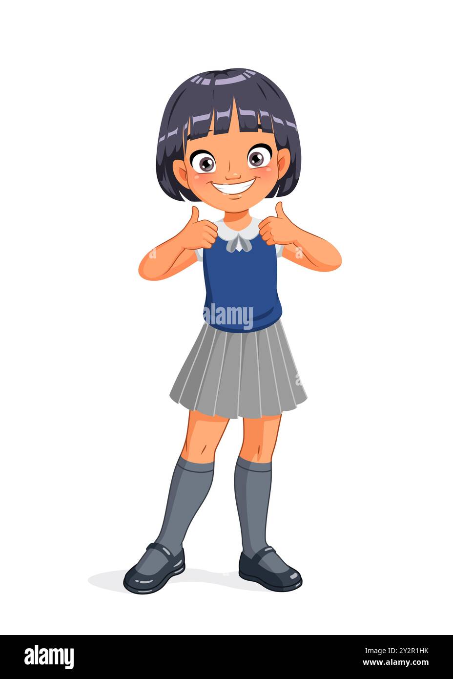 Süßes kleines asiatisches Mädchen in Schuluniform mit Daumen nach oben. Illustration des Zeichentrickvektors. Stock Vektor