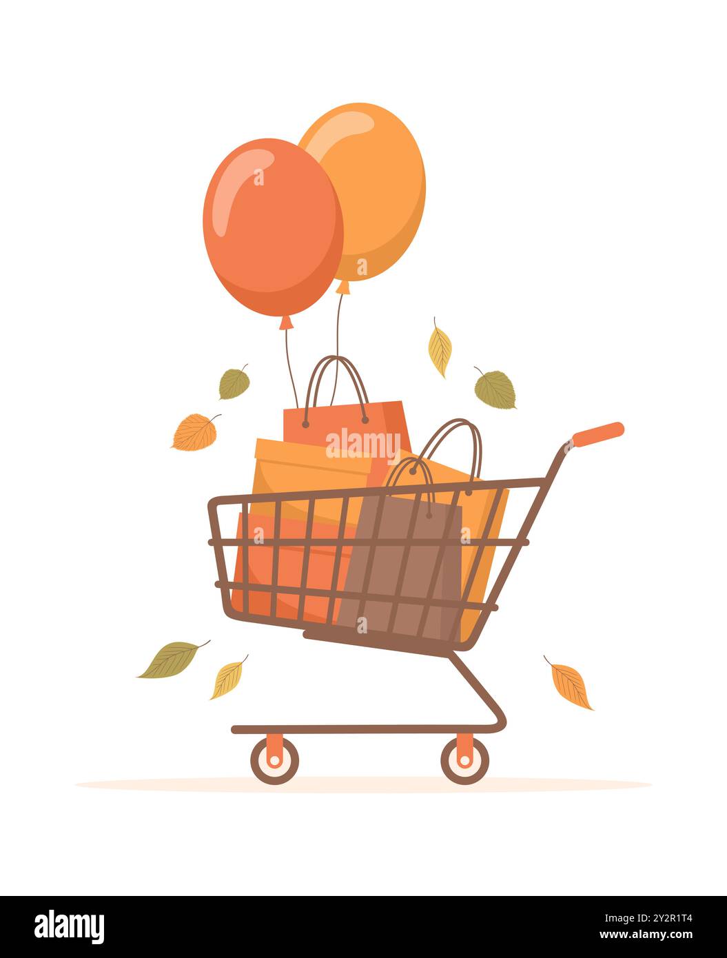 Warenkorb mit Taschen, Kisten, Ballons und herbstlichen Blättern, isoliert auf weißem Hintergrund. Herbst Shopping Clip Art. Flachvektorillus Stock Vektor