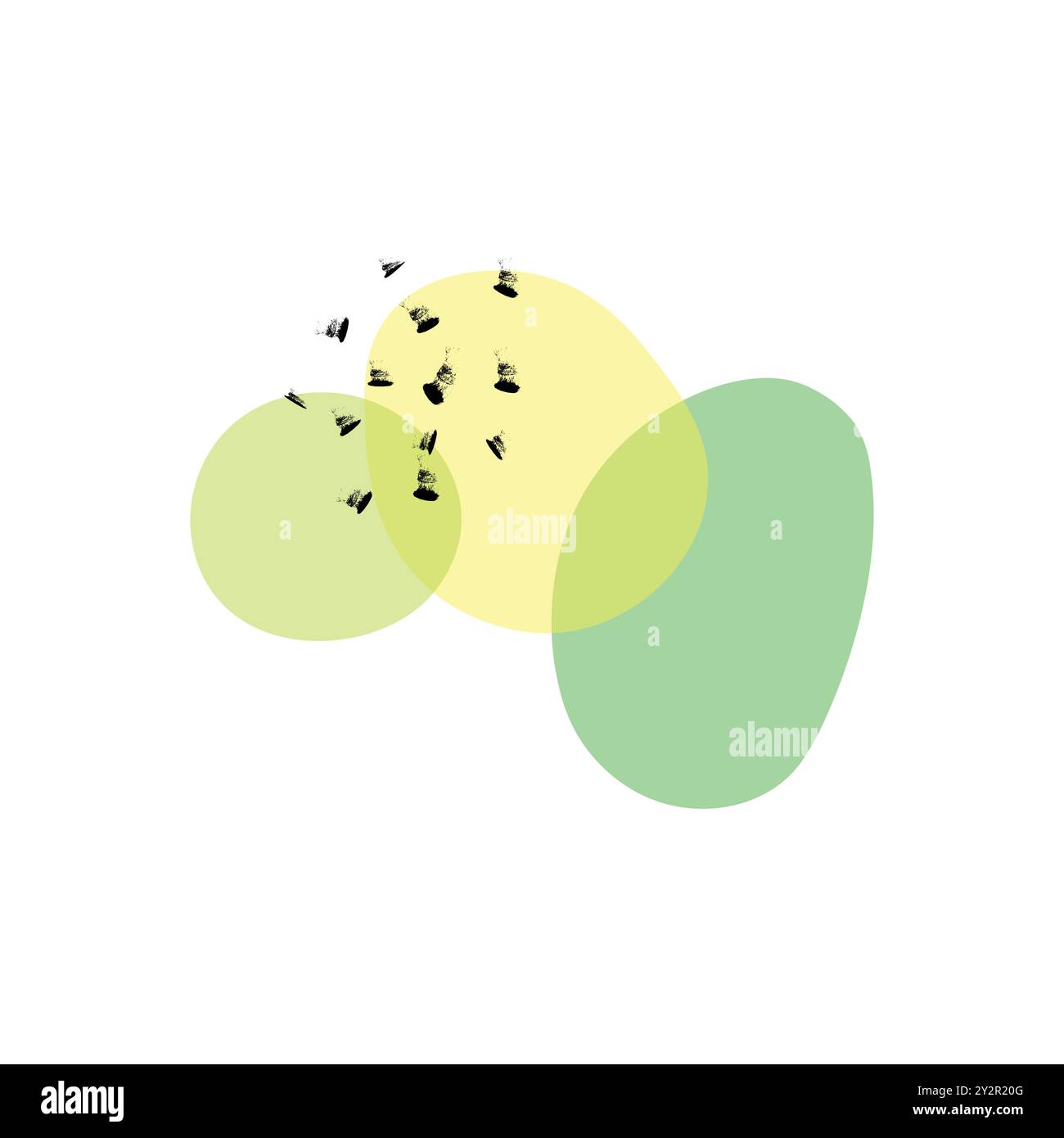 Abstrakte Illustration mit überlappenden grünen und gelben organischen Formen und verstreuten Pinselspuren. Stock Vektor