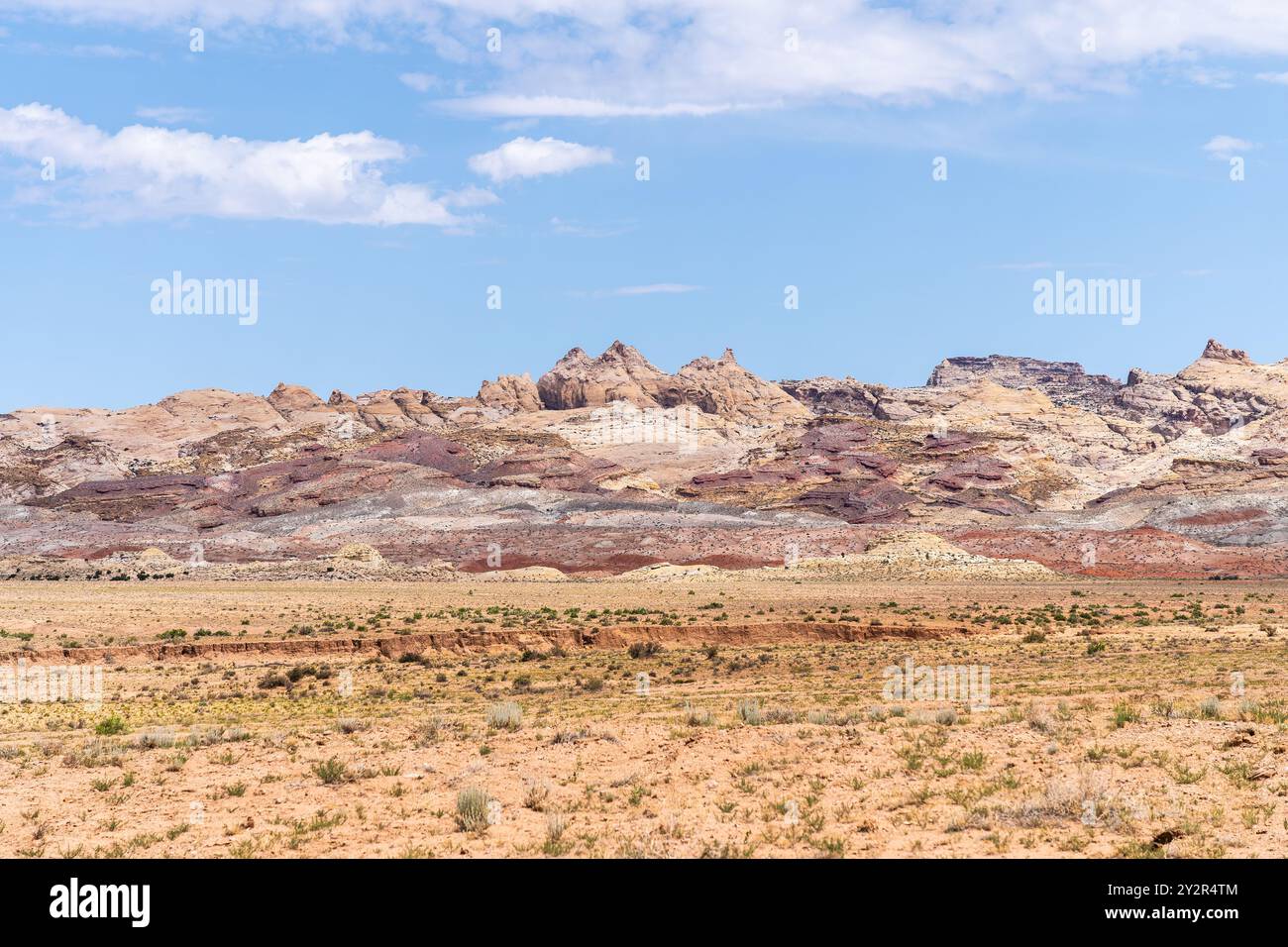 Ein fesselnder Blick auf die vielfältigen und farbenfrohen Felsformationen im Goblin Valley State Park in Utah mit klarem blauem Himmel und lebendiger Wüstenvege Stockfoto