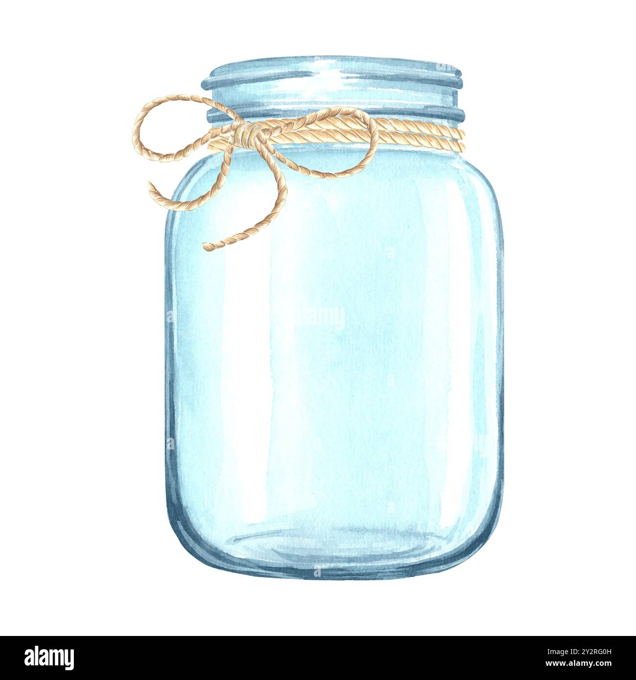 Glasklemme leer mit Deckel und Seil im Bogen verdreht. Transparentes Gefäß für Flüssigkeiten oder Getreide. Handgezeichnete Aquarellillustration isoliert. Utensilien für Stockfoto