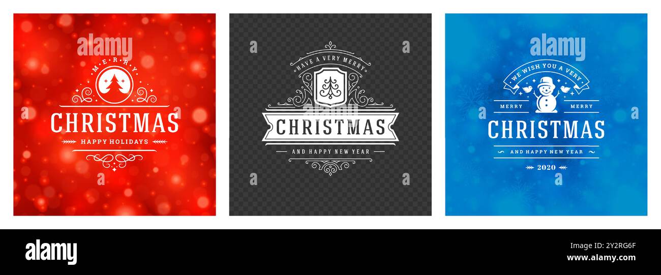 Drei farbenfrohe Weihnachtsüberzüge mit fröhlichen Weihnachtsmotiven sind perfekt, um saisonale Begrüßungen zu unterstreichen und den festlichen Geist des Meeres einzufangen Stock Vektor