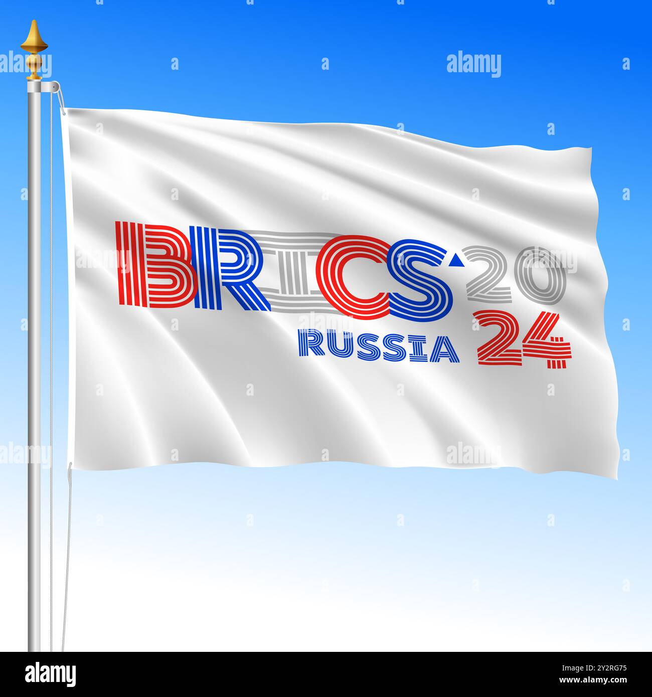 Russische Föderation, Oktober 2024, schwenkende Flagge mit Symbol des BRICS-Gipfels 2024, Illustration Stockfoto