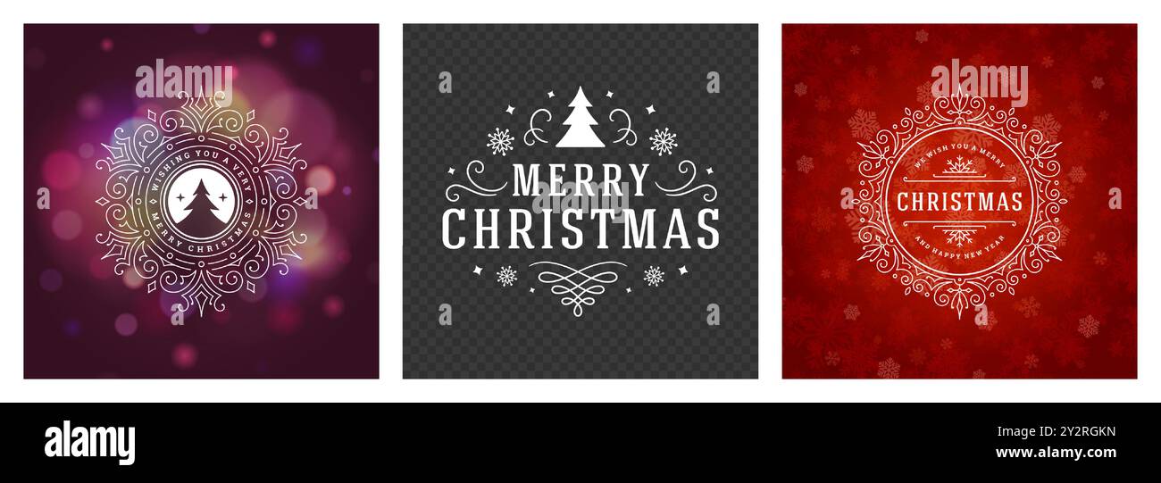 Drei farbenfrohe Weihnachtsüberzüge mit fröhlichen Weihnachtsmotiven sind perfekt, um saisonale Begrüßungen zu unterstreichen und den festlichen Geist des Meeres einzufangen Stock Vektor