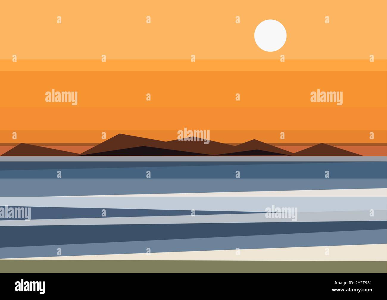Küstenlandschaft mit Bergen Vektor Illustration. Sonnenuntergang oder Sonnenaufgang im Ozean, Meereslandschaft mit Steinen im Wasser. Nordische Naturlandschaft in flacher Lage Stock Vektor