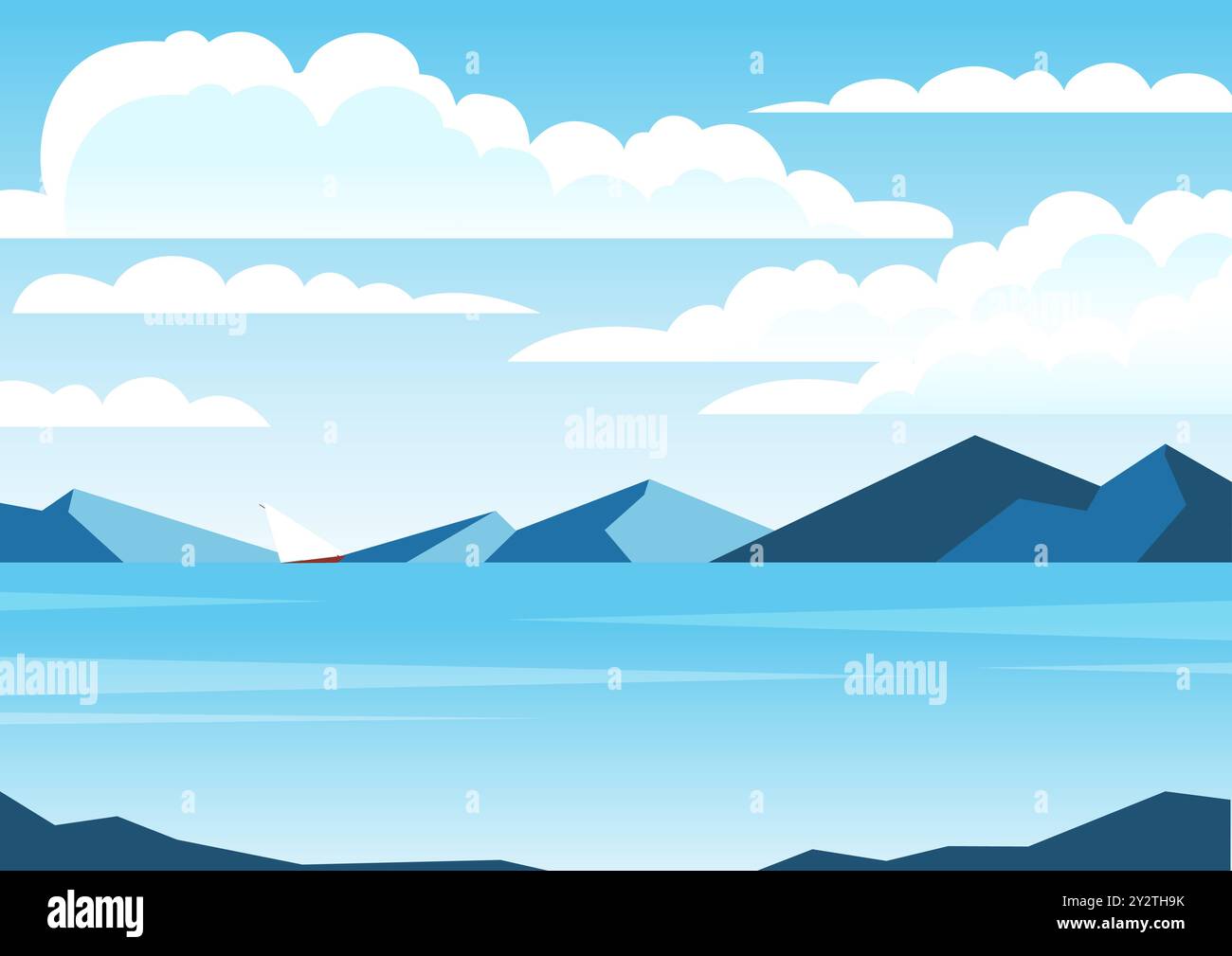 Blaue Landschaft mit Meer- und Gefäßvektorillustration. Meer mit Bergen. Skandinavische Natur im flachen Stil. Segelschiff. Babydruck, Kunstdruck Stock Vektor