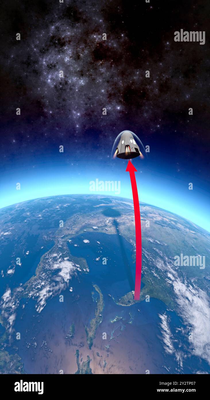 Dragon Raumschiff. Weltraumforschung. Niedrige Erdumlaufbahn und Erdsicht. Elemente dieses Bildes werden von der NASA bereitgestellt, 3D-Rendering Stockfoto