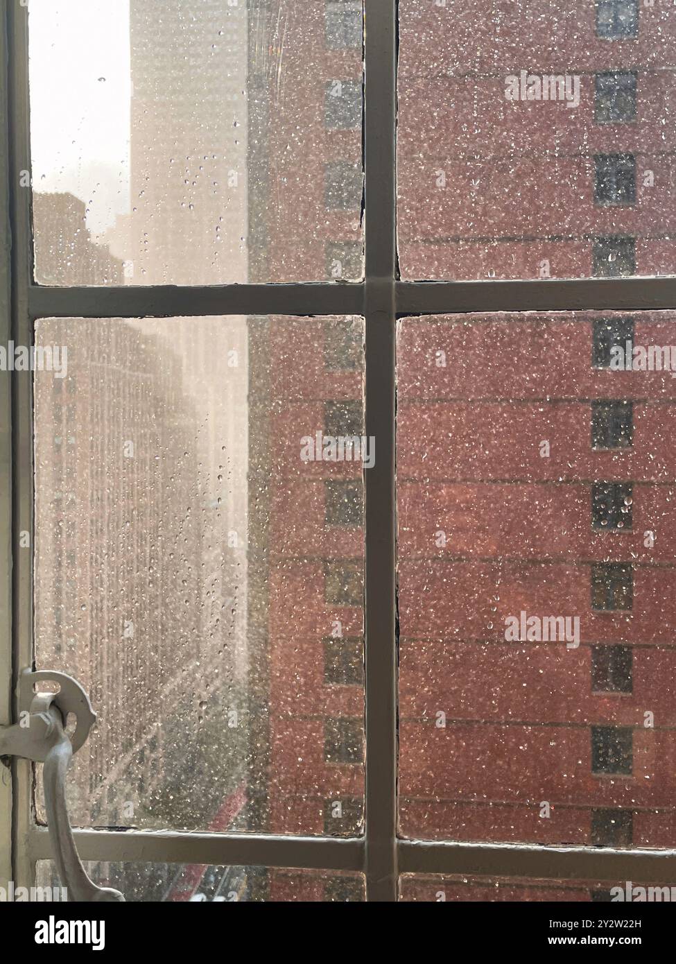 Sintflutartige Regenfälle von einem Sommergewitter, gesehen von einem New York City Apartment Fenster, 2024, USA Stockfoto