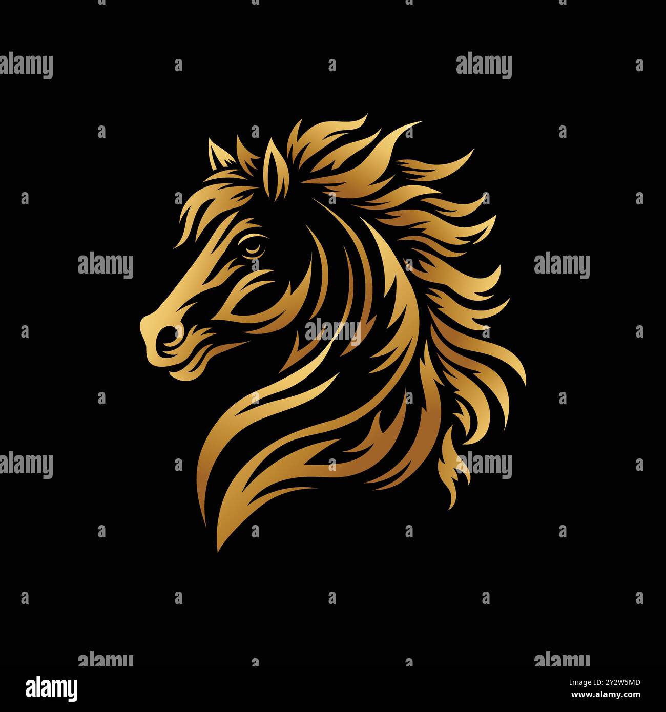 Goldene Silhouette des Pferdekopfes auf schwarzem Hintergrund Stock Vektor