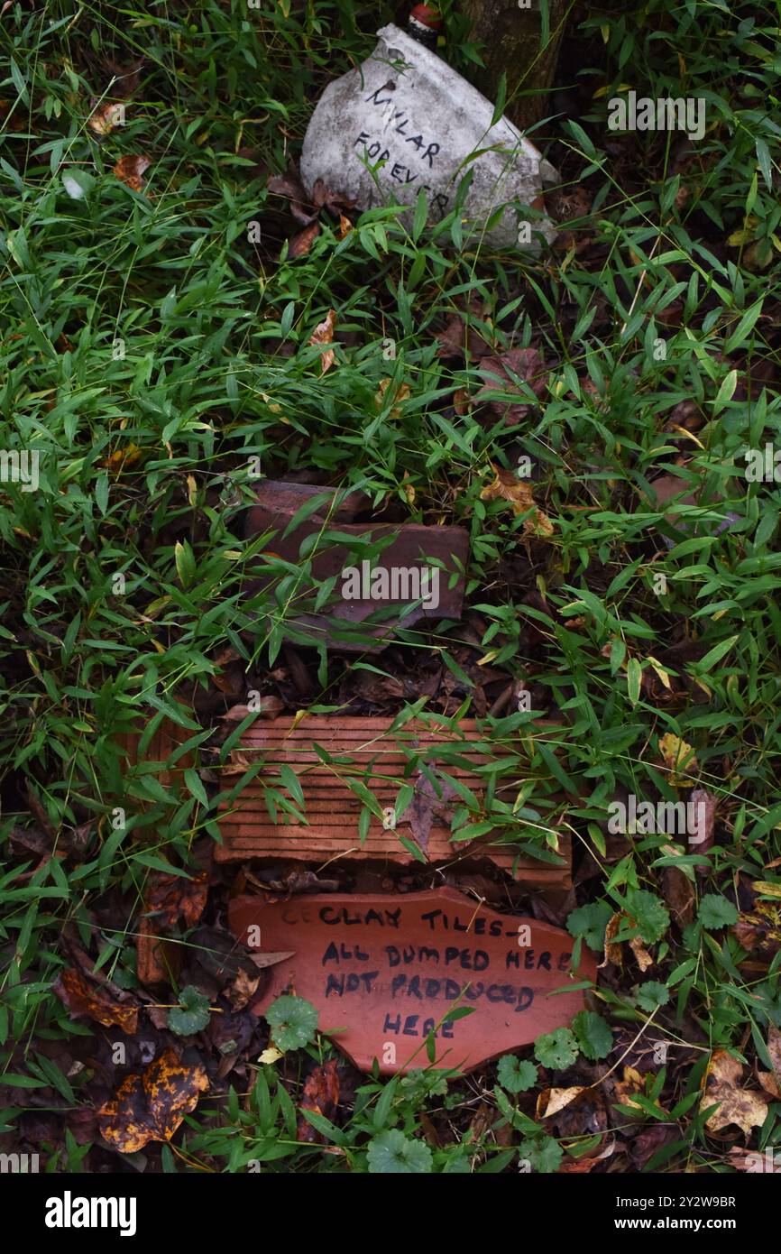 Sharpie zitiert über weggeworfene Gegenstände auf dem Doll's Head Trail in Atlanta, Georgia: „Mylar is Forever“ und „Tonfliesen – alle hier abgeladen, nicht hier produziert“ Stockfoto