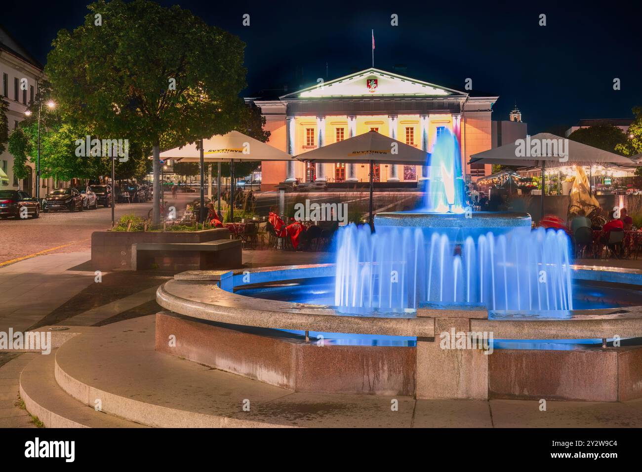 Beleuchteter Brunnen und Cafés am Rathausplatz in der Altstadt von Vilnius bei Nacht. Ostsee, Trendziel, Stadtbild, Tourismus. Litauen. Spac kopieren Stockfoto