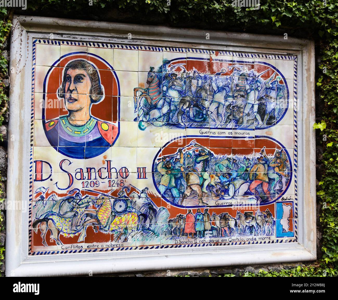 Eine historische Szene mit D Sancho II. Gegen die Mauren, dargestellt auf APicture from Wall Tiles im Botanischen Garten von Madeira Stockfoto