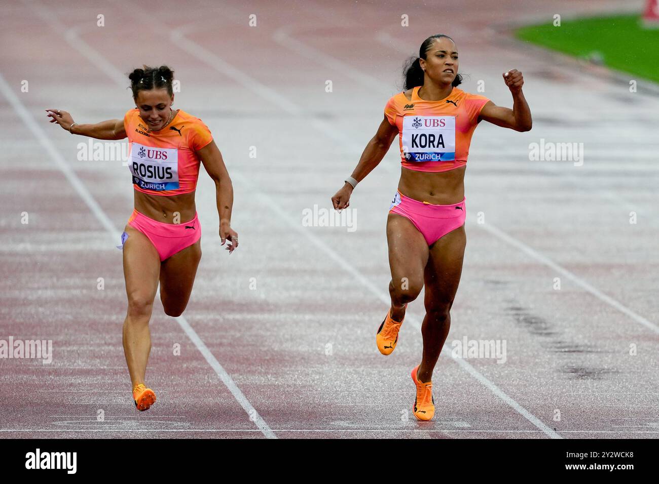 Zürich, Schweiz. September 2024. Zürich, Schweiz, 5. September 2024: Rani Rosius (BEL) und Salome Kora (SUI) während der 100m langen Women A Event in der Wanda Diamond League Weltklasse Zürich im Stadion Letzigrund in Zürich, Schweiz. (Daniela Porcelli/SPP) Credit: SPP Sport Press Photo. /Alamy Live News Stockfoto