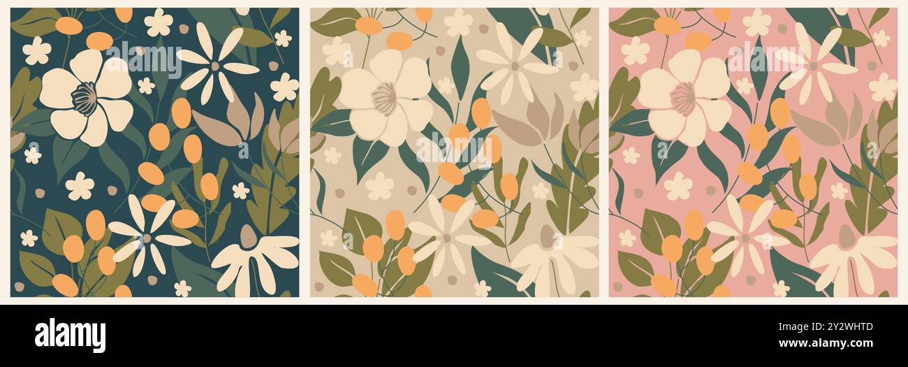 Set aus nahtlosen Mustern mit abstrakten Wildblumen Stock Vektor