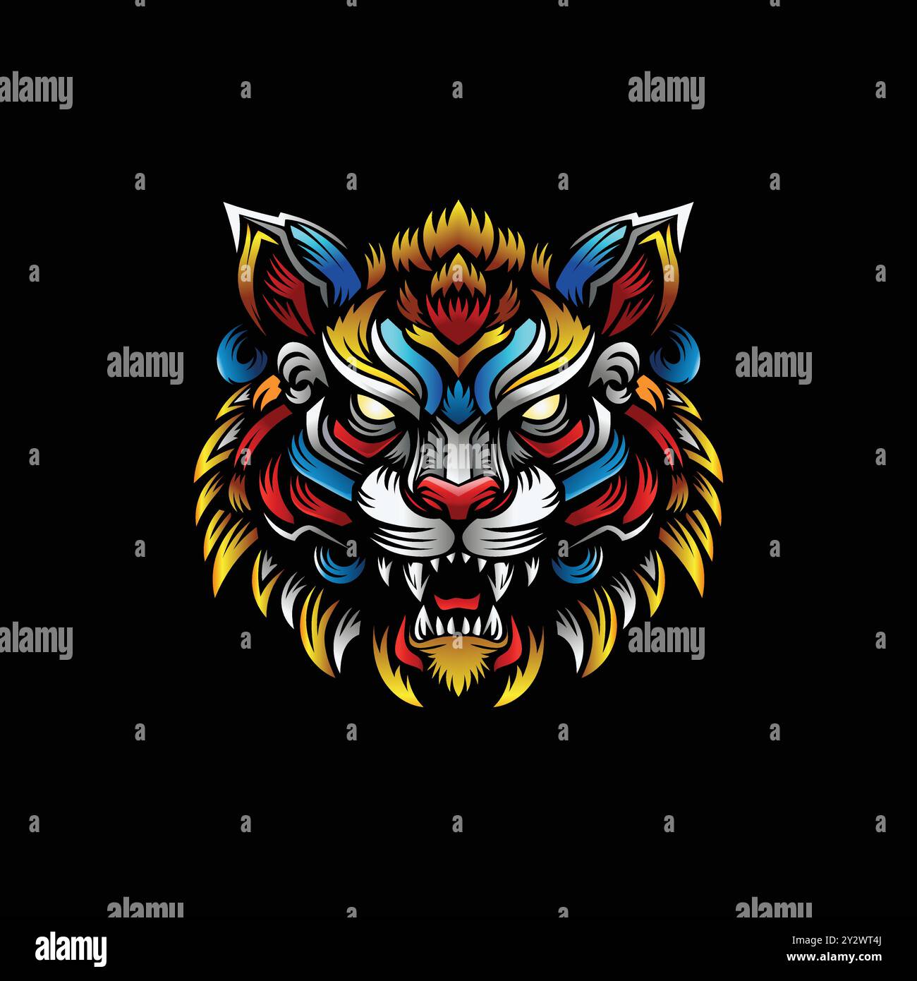 Bunte Tigerkopf brüllende Vektorillustration, wütender Tiger Dekorative Vektorkunst Stock Vektor