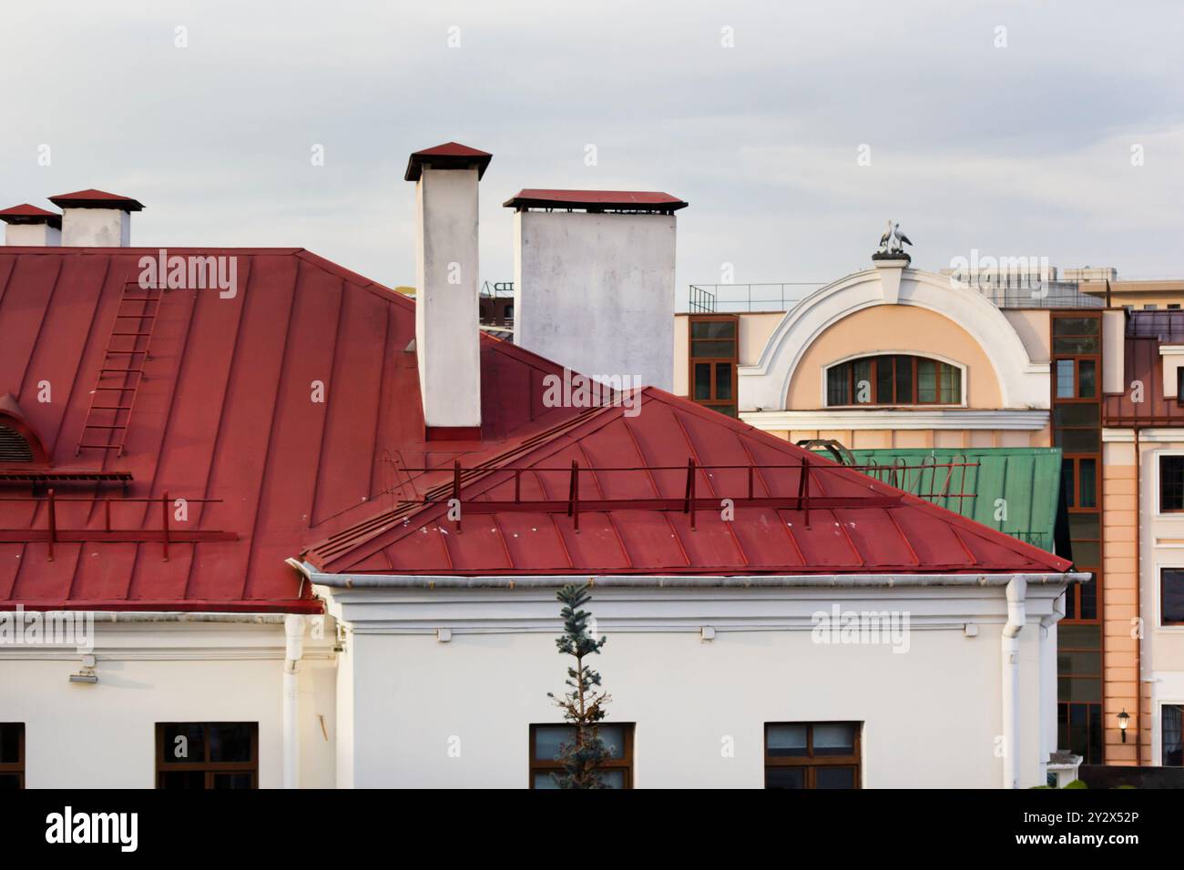 Dächer von Häusern aus rotem Metallschiefer. Modernes Metalldach. Stockfoto