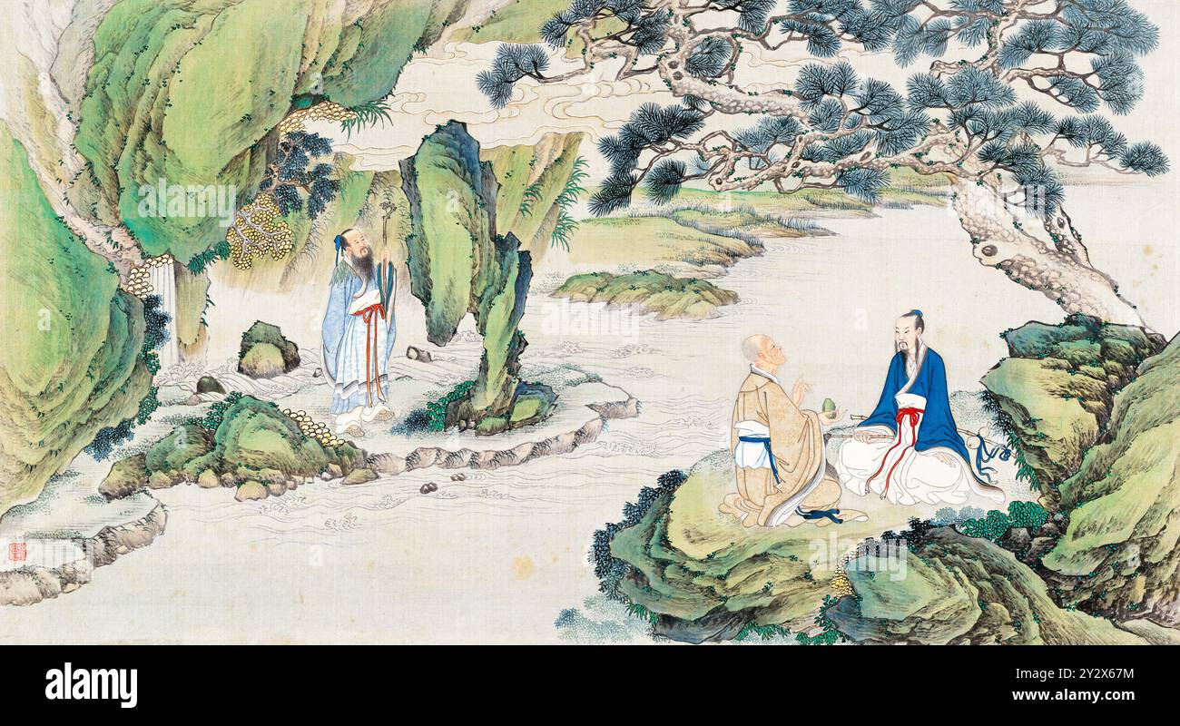 Szene aus dem Traum der Roten Kammer von Cao Xueqin (1710–1765) gemalt vom Künstler Sun Wen (1818–1904) aus der Qing-Dynastie mit traditionellen chinesischen Pinseln, um die zentralen Themen dieses klassischen Romans Liebe, Schicksal und soziale Hierarchie zu vermitteln. Stockfoto