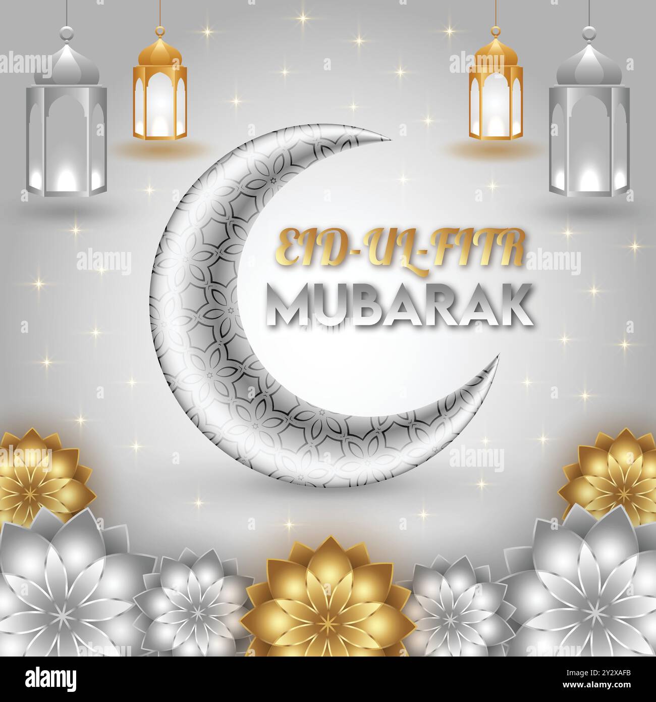 Eleganter Eid-ul-Fitr Mubarak-Gruß mit Halbmond und Laternen Stock Vektor