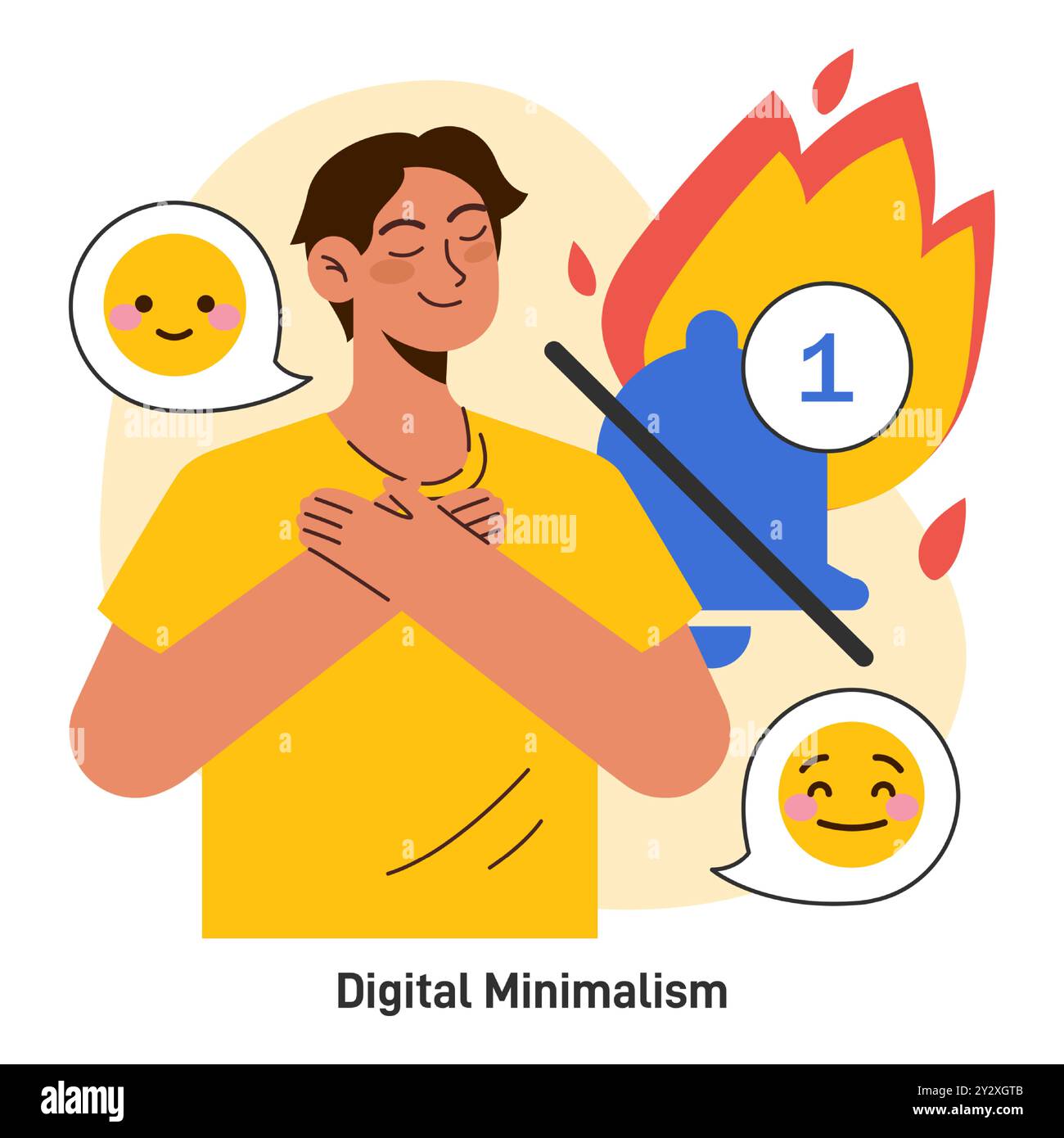 Minimalistischer Lifestyle. Einfache und zurückhaltende Wohnpraxis. Digitaler Minimalismus und Detox. Charakter, der eine Pause von sozialen Medien macht. Die moderne Idee des Entwirfens. Illustration des flachen Vektors Stock Vektor