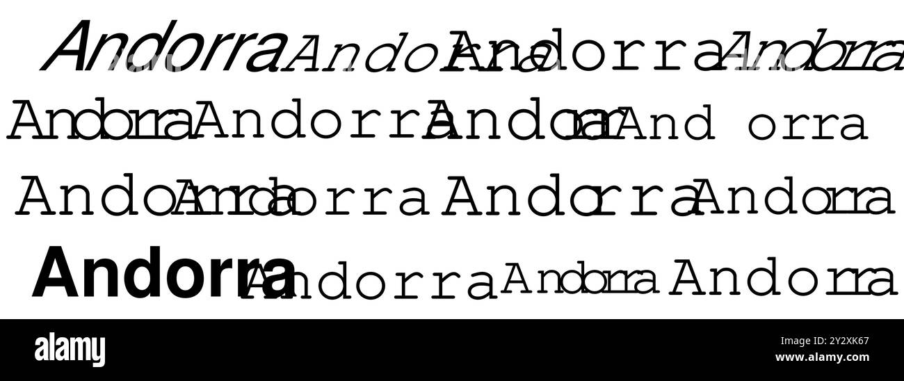 Verschiedene künstlerische Darstellungen des Wortes Andorra in verschiedenen Schriften und Stilen mit Typografie auf weißem Hintergrund Stock Vektor