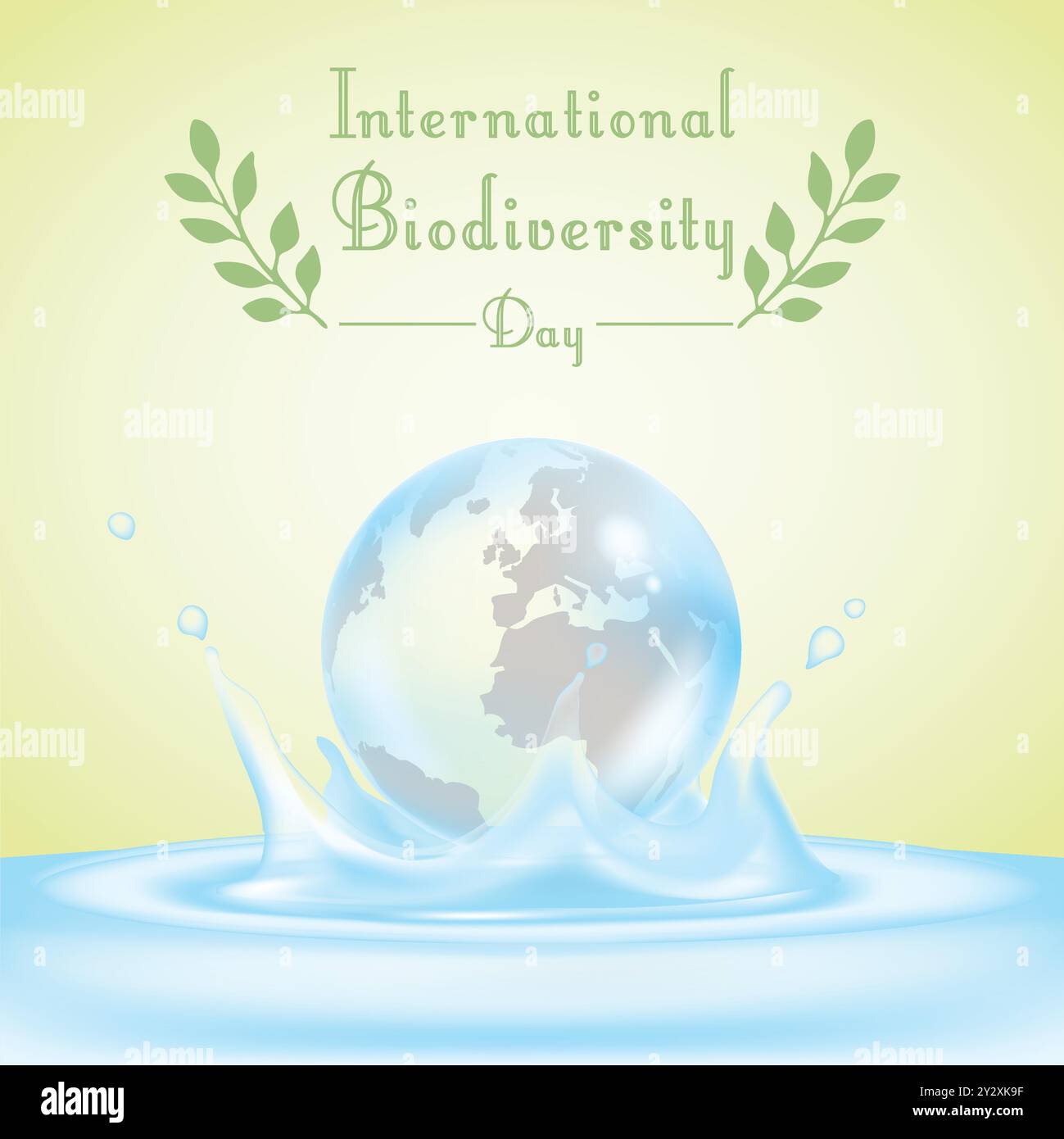 Internationaler Biodiversitätstag mit hellgelbem Hintergrund Wasser-Weltkugel Stock Vektor