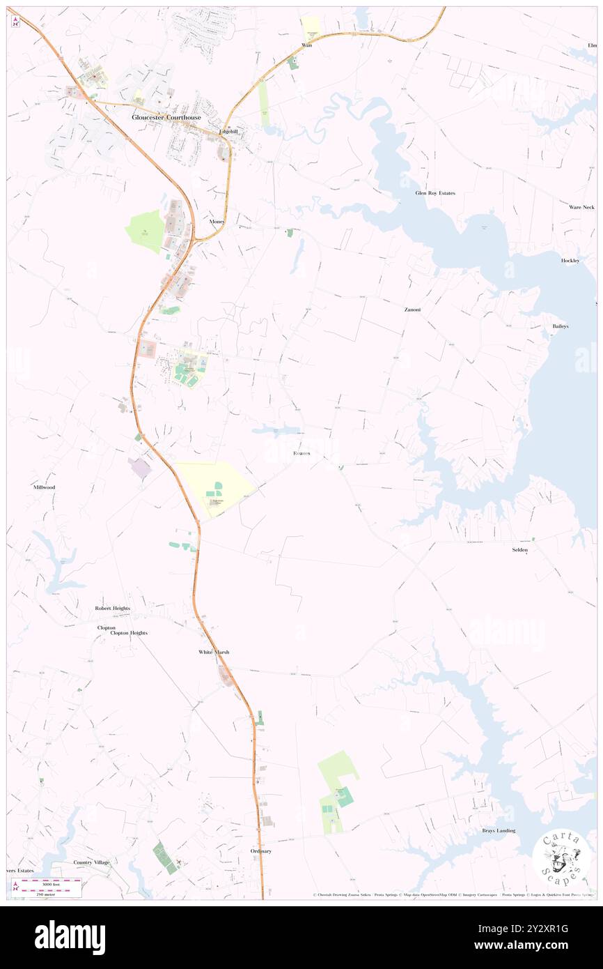 Roanes, Gloucester County, USA, USA, Virginia, n 37 22' 9'', S 76 30' 22'', Karte, Cartascapes Map, veröffentlicht 2024. Erkunden Sie Cartascapes, eine Karte, die die vielfältigen Landschaften, Kulturen und Ökosysteme der Erde enthüllt. Reisen Sie durch Zeit und Raum und entdecken Sie die Verflechtungen der Vergangenheit, Gegenwart und Zukunft unseres Planeten. Stockfoto