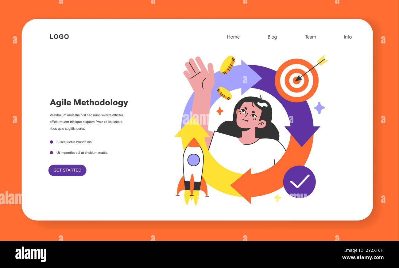 Webbanner oder Landing-Page mit agiler Methodik. Projektmanagement-Ansatz, der die Projektentwicklung in Phasen unterteilt. Zusammenarbeit und Verbesserung. Illustration des flachen Vektors Stock Vektor
