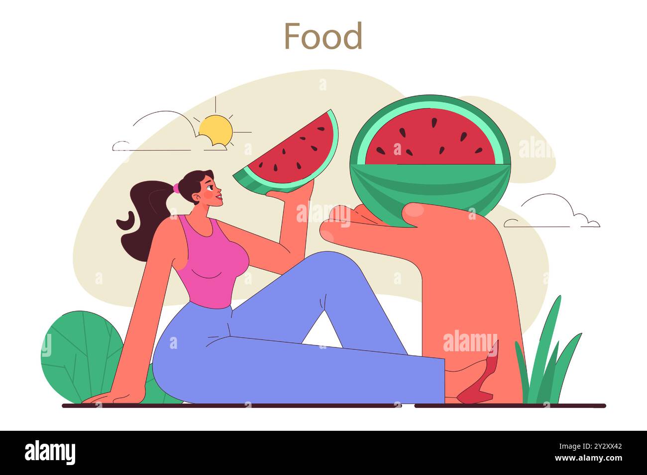 Frau mit Wassermelonenscheibe. Junge hübsche weibliche Figur verbringt Zeit im Freien auf einem Picknick. Sommer Wassermelonen Saison. Illustration des flachen Vektors Stock Vektor