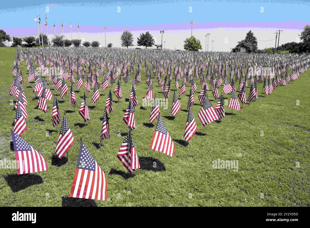 Texas Fallen Project, INC September 2024. 9/11 Tribute 4.000 amerikanische Flaggen wurden im Yonders Point Old Settlers Park platziert, um Leben zu ehren, die auf 9/11 und seitdem im Kampf verloren wurden. Round Rock, Texas. Mario Cantu/CSM/Alamy Live News Stockfoto