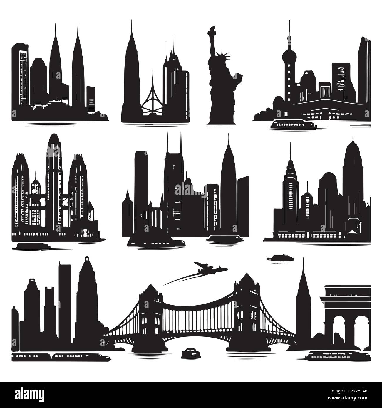 Set von Skyline-Silhouetten isoliert auf weißem Hintergrund, Vektor-Illustration. Stock Vektor