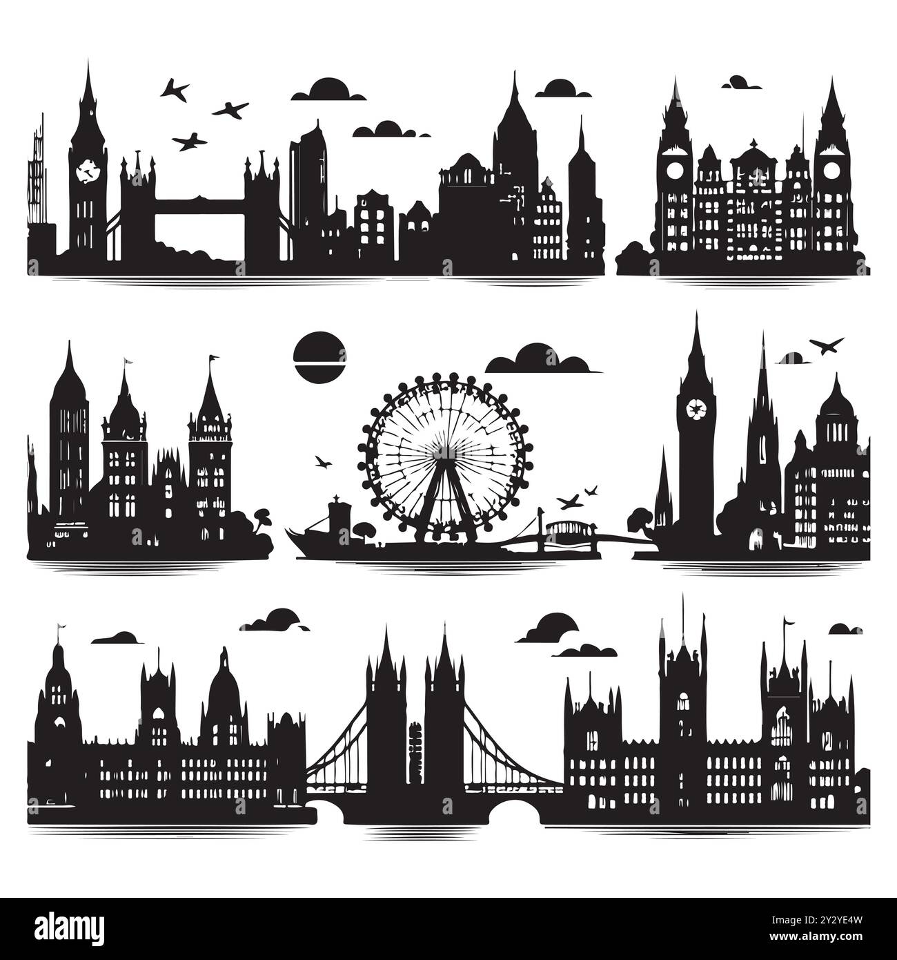 Set von Skyline-Silhouetten isoliert auf weißem Hintergrund, Vektor-Illustration. Stock Vektor