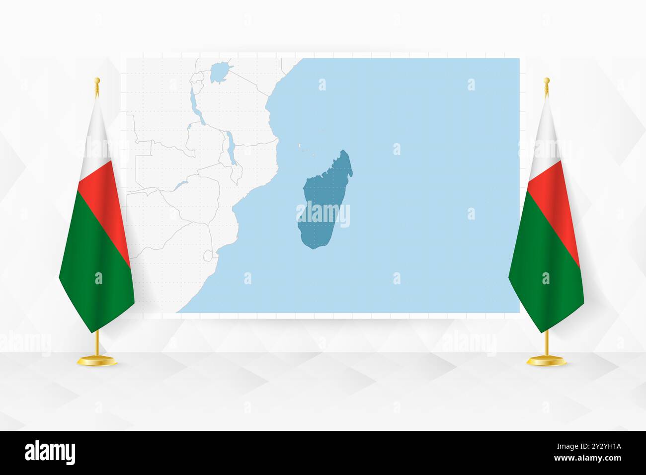 Karte von Madagaskar und Flaggen von Madagaskar auf Fahnenstand. Vektor-Illustration für Diplomatie-Treffen. Stock Vektor
