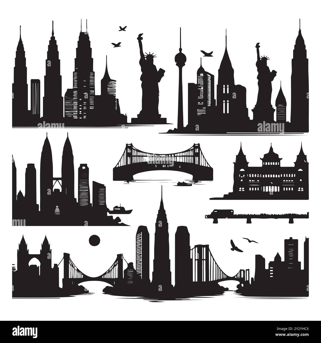 Set von Skyline-Silhouetten isoliert auf weißem Hintergrund, Vektor-Illustration. Stock Vektor