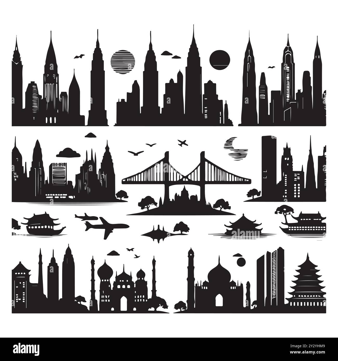 Set von Skyline-Silhouetten isoliert auf weißem Hintergrund, Vektor-Illustration. Stock Vektor