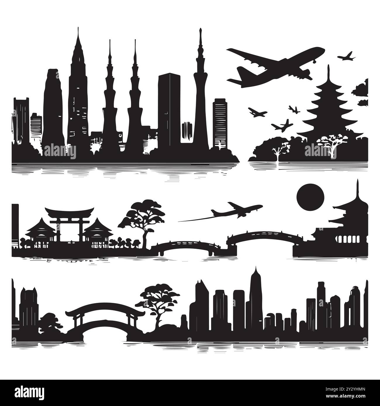 Set von Skyline-Silhouetten isoliert auf weißem Hintergrund, Vektor-Illustration. Stock Vektor