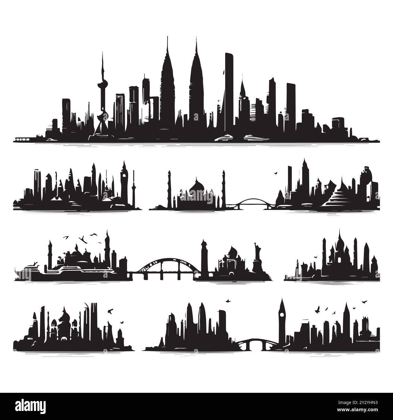 Set von Skyline-Silhouetten isoliert auf weißem Hintergrund, Vektor-Illustration. Stock Vektor