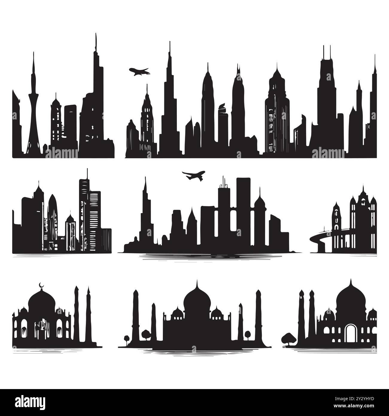 Set von Skyline-Silhouetten isoliert auf weißem Hintergrund, Vektor-Illustration. Stock Vektor