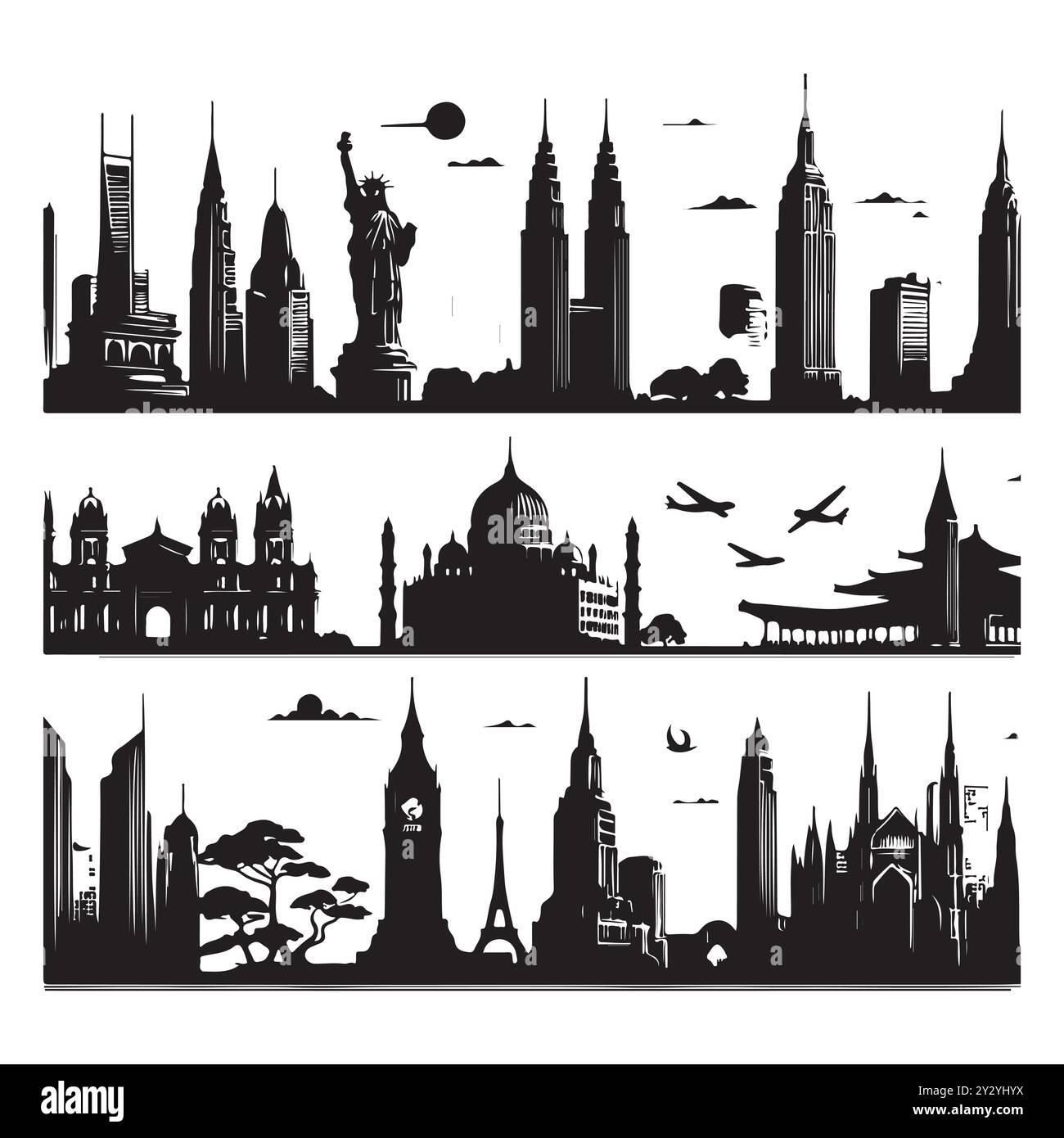 Set von Skyline-Silhouetten isoliert auf weißem Hintergrund, Vektor-Illustration. Stock Vektor