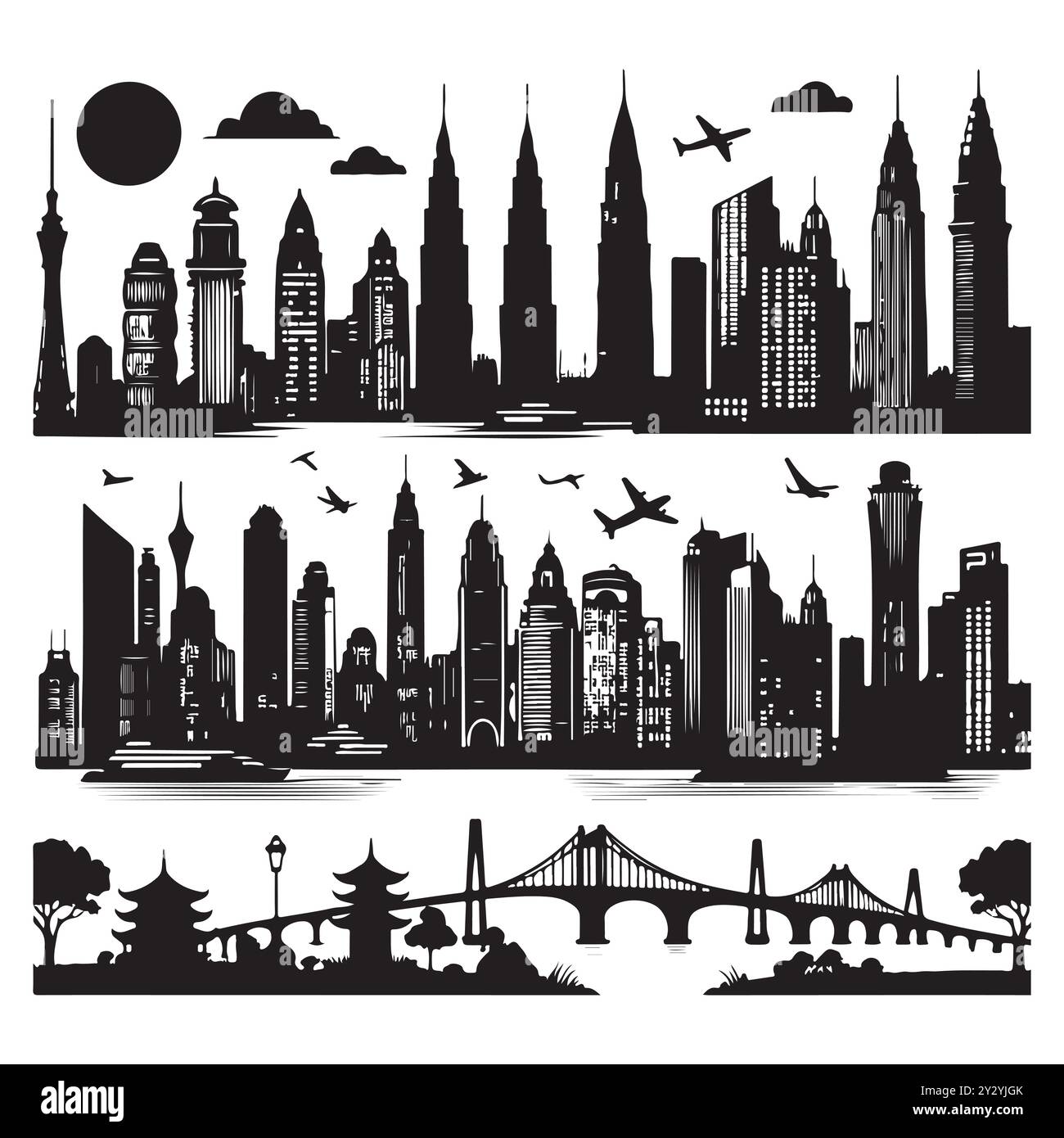 Set von Skyline-Silhouetten isoliert auf weißem Hintergrund, Vektor-Illustration. Stock Vektor