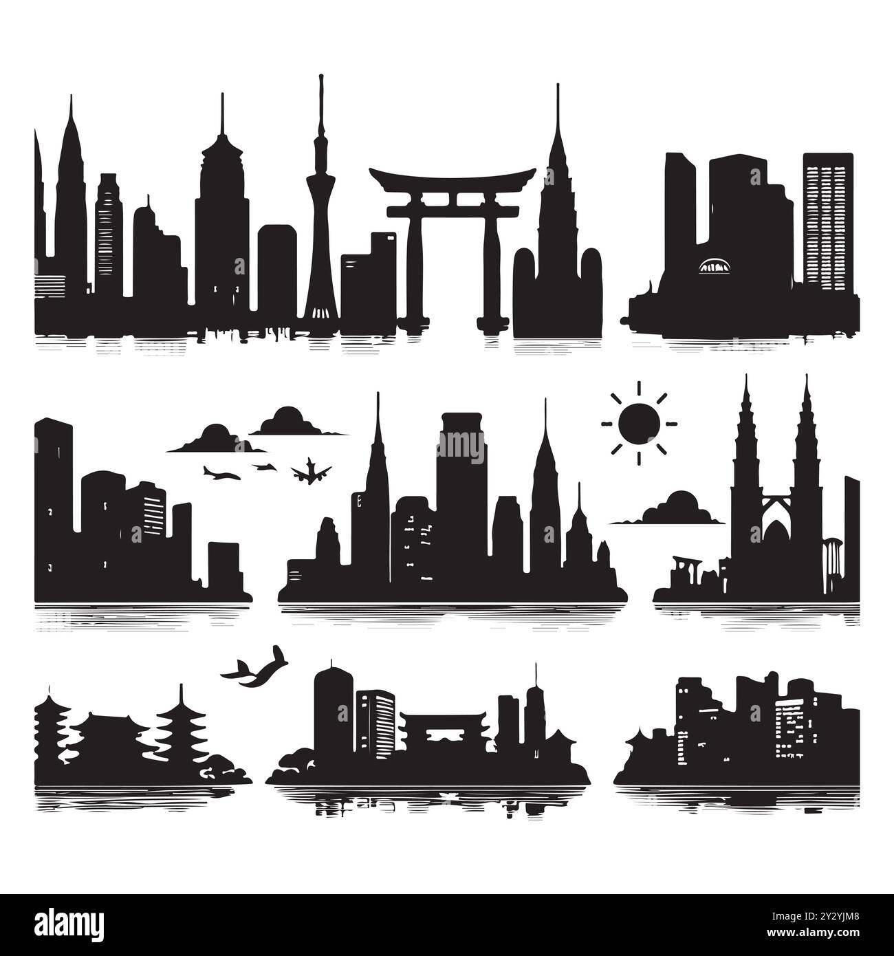 Set von Skyline-Silhouetten isoliert auf weißem Hintergrund, Vektor-Illustration. Stock Vektor