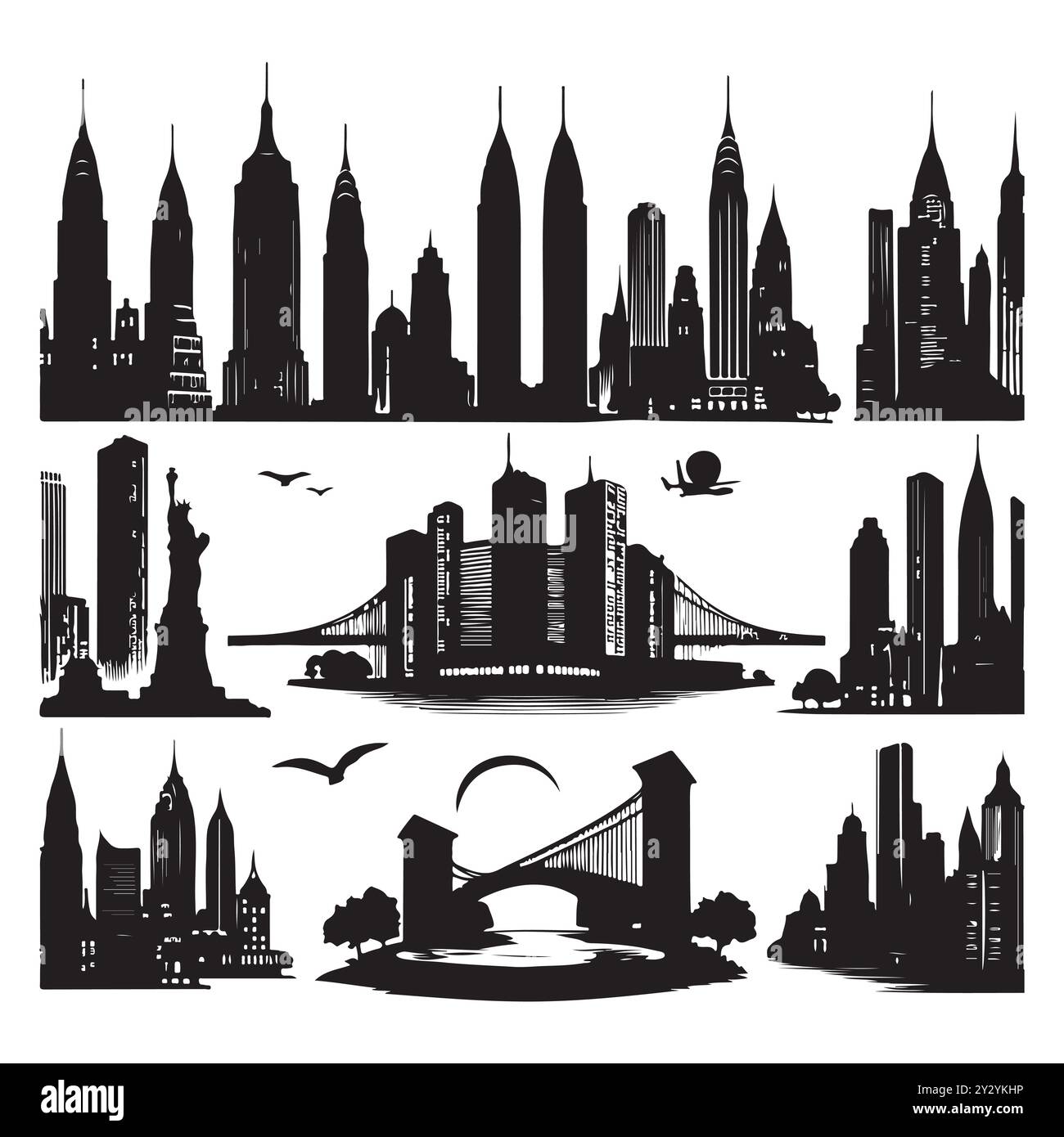 Set von Skyline-Silhouetten isoliert auf weißem Hintergrund, Vektor-Illustration. Stock Vektor