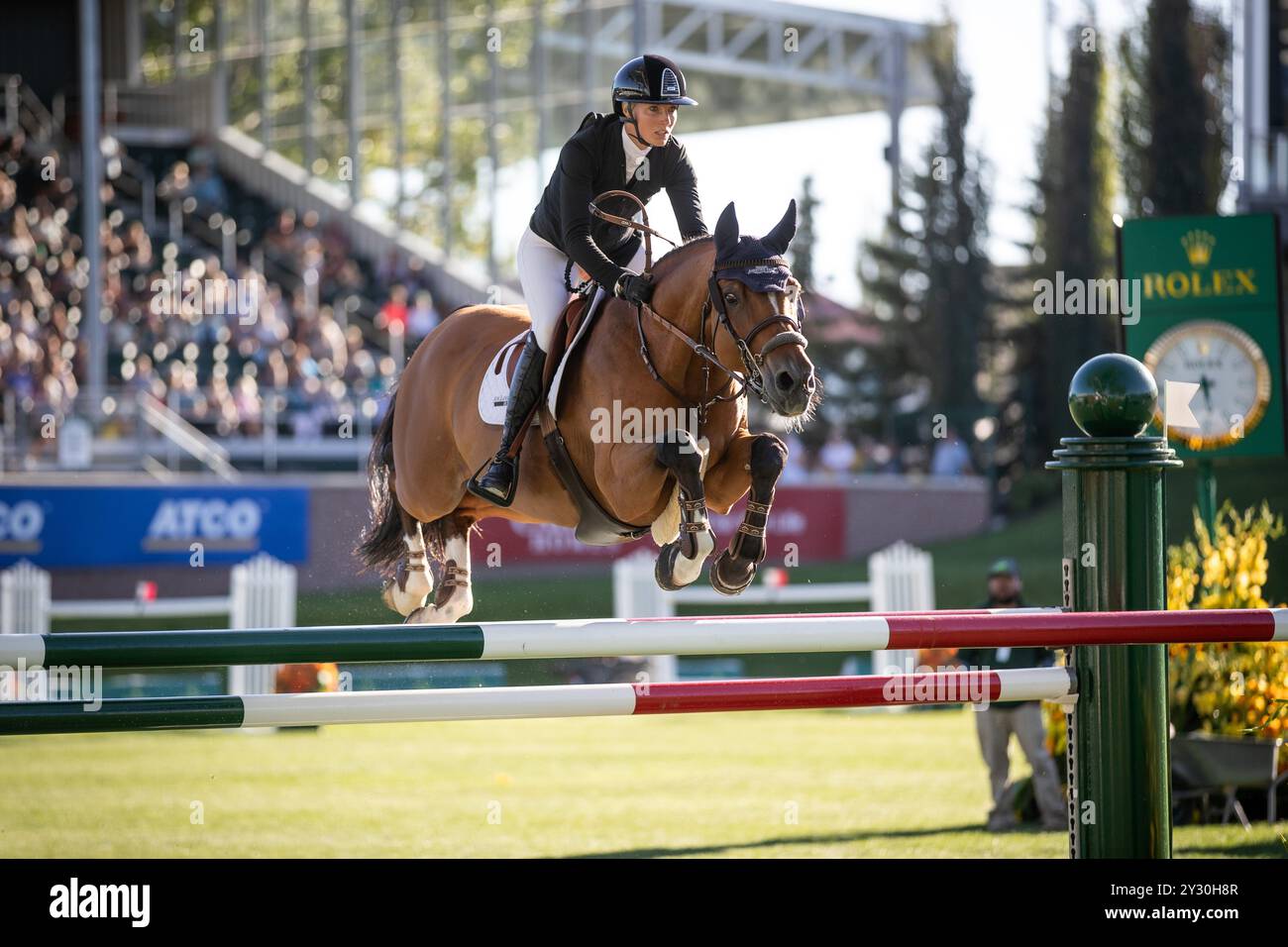 Calgary, Kanada - 6. September 2024. Jana Wargers aus Deutschland, Riding Limbridge, konkurriert im 1.60 m Tourmaline Cup während des CSIO Spruce Meadows 'Master Stockfoto