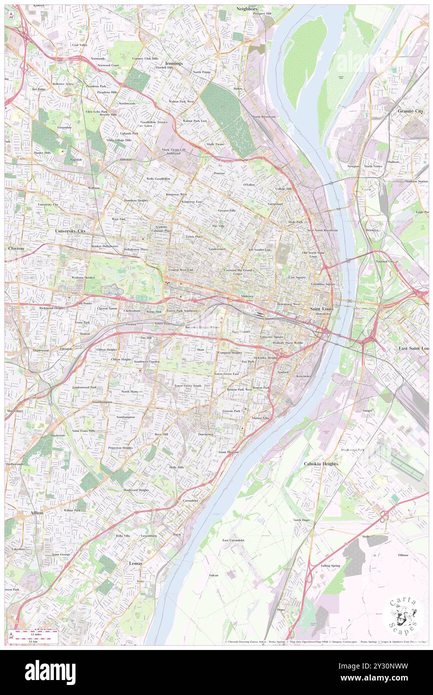 Tiffany, City of Saint Louis, USA, USA, Missouri, N 38 37' 15'', S 90 14' 24''', Karte, Cartascapes Map, veröffentlicht 2024. Erkunden Sie Cartascapes, eine Karte, die die vielfältigen Landschaften, Kulturen und Ökosysteme der Erde enthüllt. Reisen Sie durch Zeit und Raum und entdecken Sie die Verflechtungen der Vergangenheit, Gegenwart und Zukunft unseres Planeten. Stockfoto