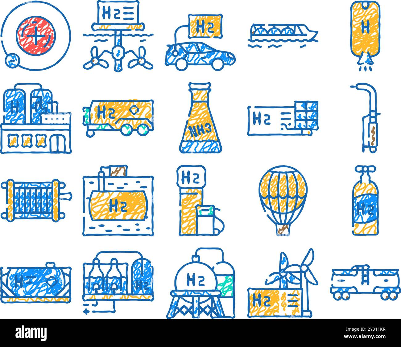 Wasserstoff-Energie-Gas-Symbol handgezeichnet Stock Vektor