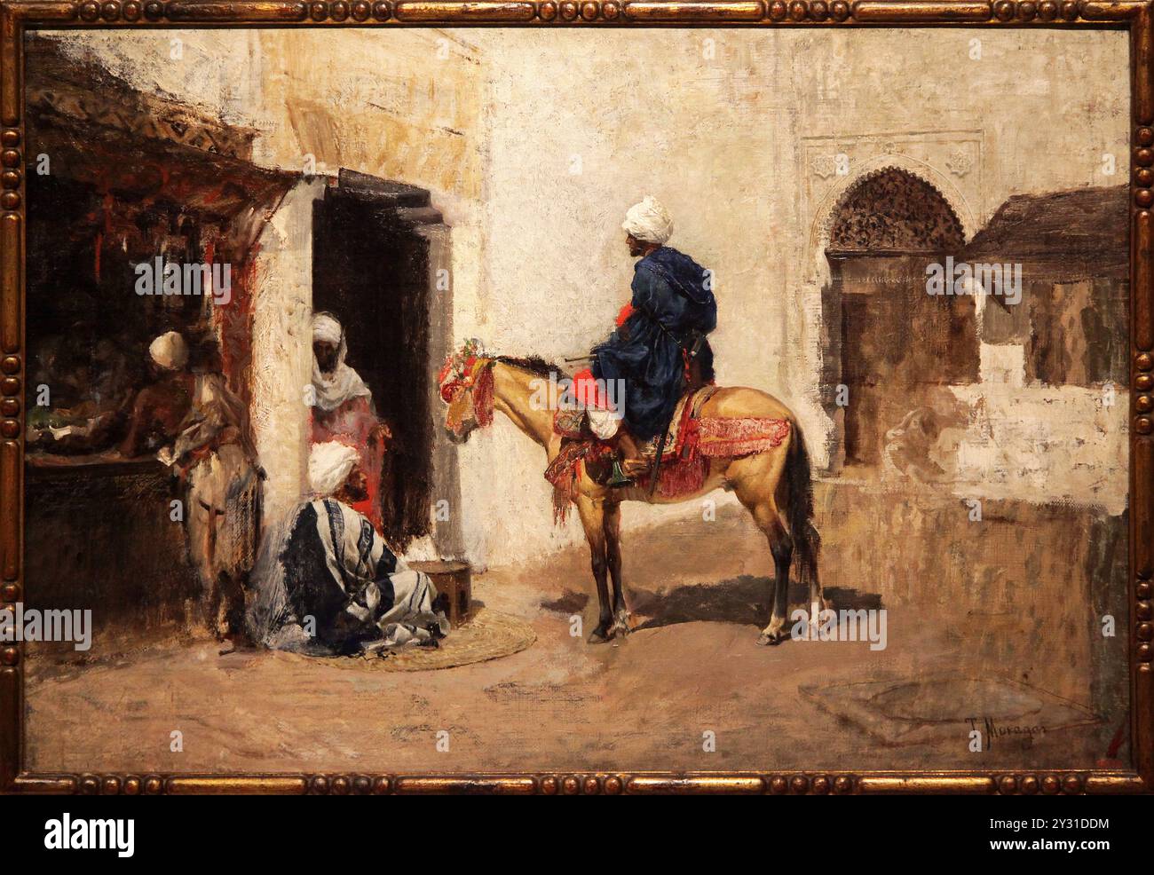 Skizze für ''Arab Café'' von Tomás Moragas y Torras (1837-1906). Marokkanisch zu Pferd, zeigt einen Reiter in der Nähe eines offenen Straßenmarktes. Stockfoto
