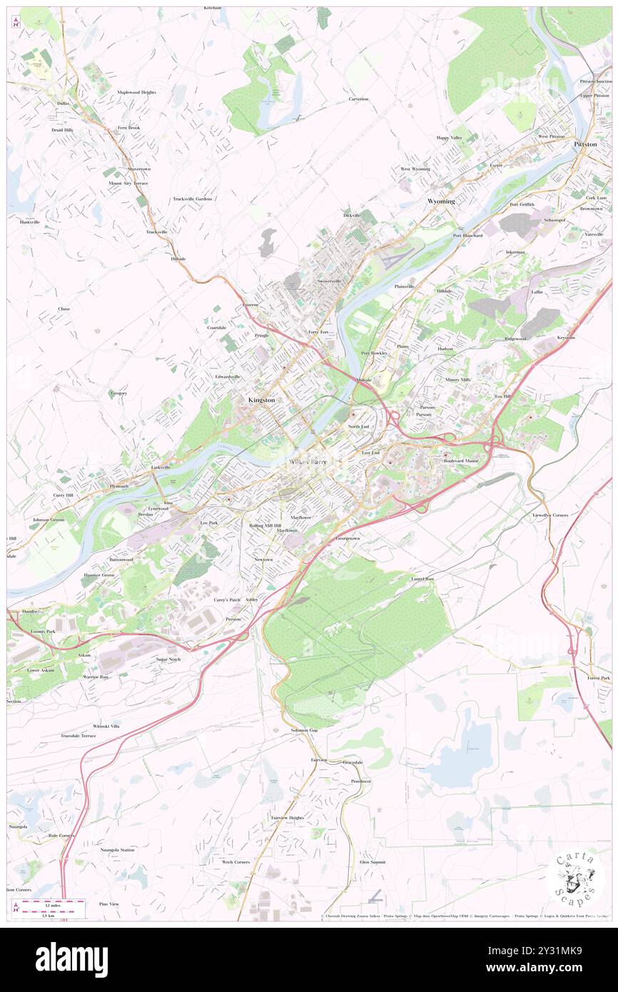 Wilkes-Barre, Luzerne County, USA, Vereinigte Staaten, Pennsylvania, n 41 14' 45''', S 75 52' 52'', Karte, Cartascapes Map, veröffentlicht 2024. Erkunden Sie Cartascapes, eine Karte, die die vielfältigen Landschaften, Kulturen und Ökosysteme der Erde enthüllt. Reisen Sie durch Zeit und Raum und entdecken Sie die Verflechtungen der Vergangenheit, Gegenwart und Zukunft unseres Planeten. Stockfoto