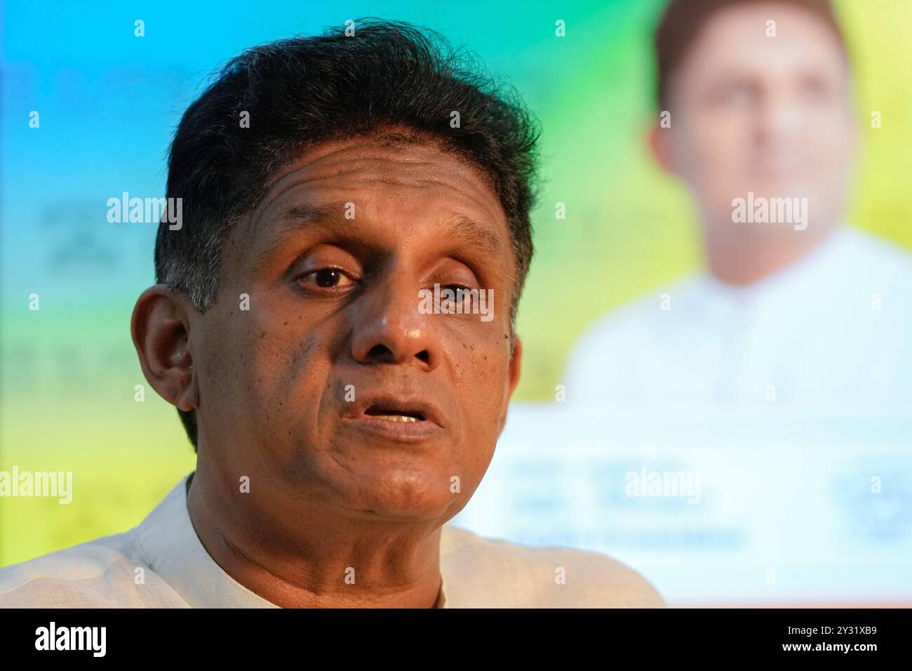 Opposition leader and the presidential candidate of United People's Power Sajith Premadasa speaks during an interview with The Associated Press in Colombo, Sri Lanka, Thursday, Sept. 12, 2024. (AP Photo/Eranga Jayawardena) Stockfoto