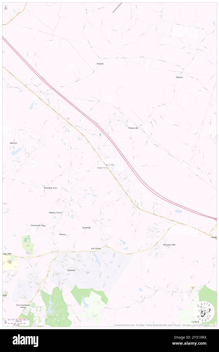 Three Oaks, Goochland County, USA, USA, Virginia, n 37 43' 51''', S 77 50' 3'', Karte, Cartascapes Map, veröffentlicht 2024. Erkunden Sie Cartascapes, eine Karte, die die vielfältigen Landschaften, Kulturen und Ökosysteme der Erde enthüllt. Reisen Sie durch Zeit und Raum und entdecken Sie die Verflechtungen der Vergangenheit, Gegenwart und Zukunft unseres Planeten. Stockfoto