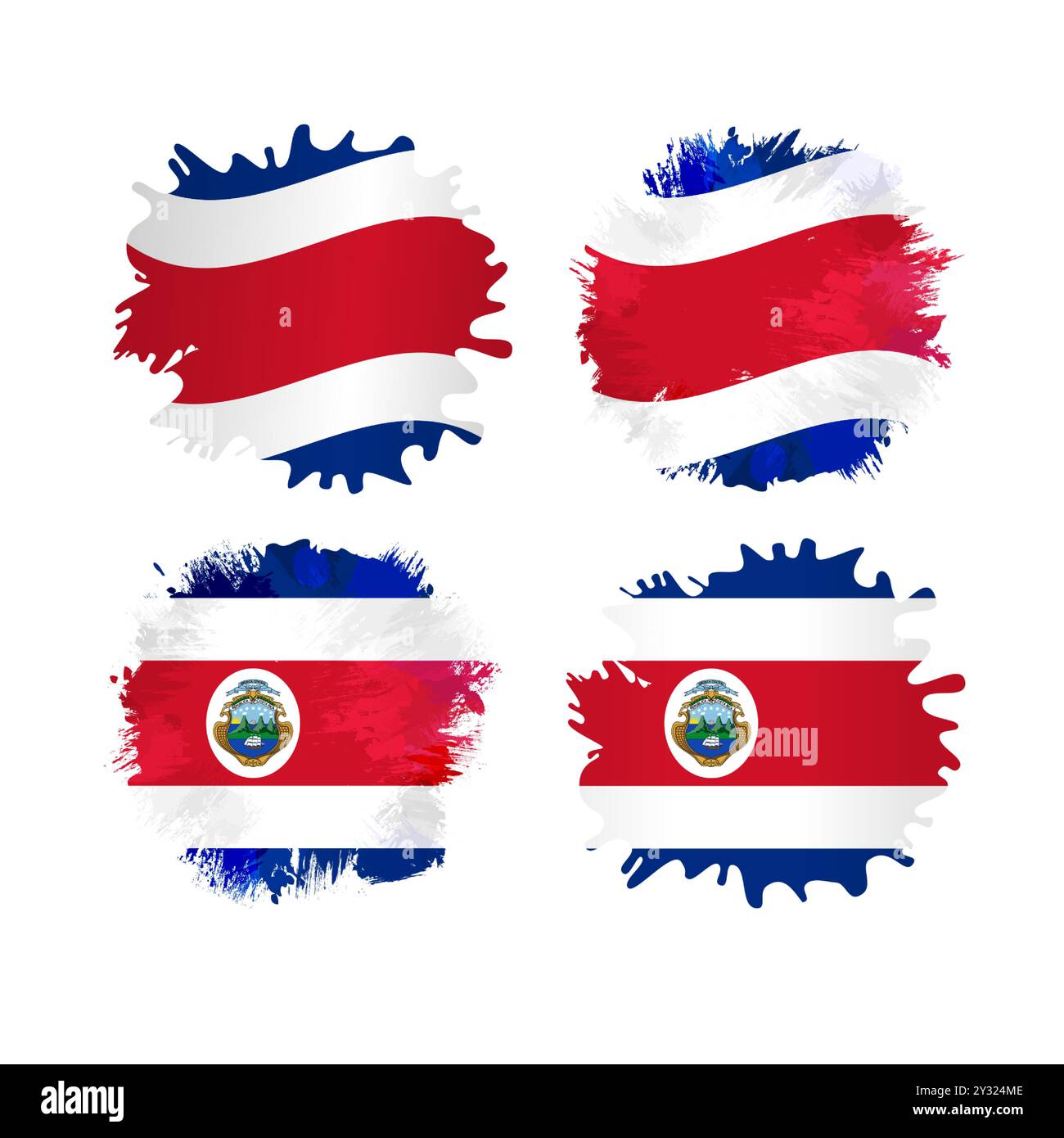 Set von Grunge isolierten staines mit Costa-ricanischer Flagge Hintergrund. Kreative Flaggen von Costa Rica mit Pinselstrich geformter Schneidemaske. Pinselstriche Stock Vektor